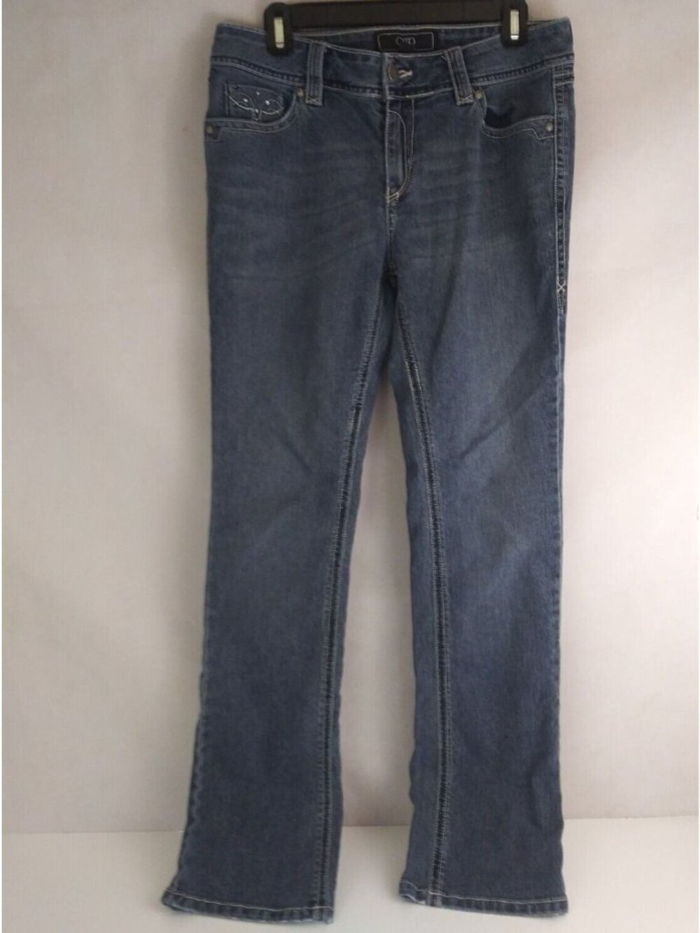 Cato Women's Distressed Whiskered Embroidered Jeweled Bootcut Jeans Size 10